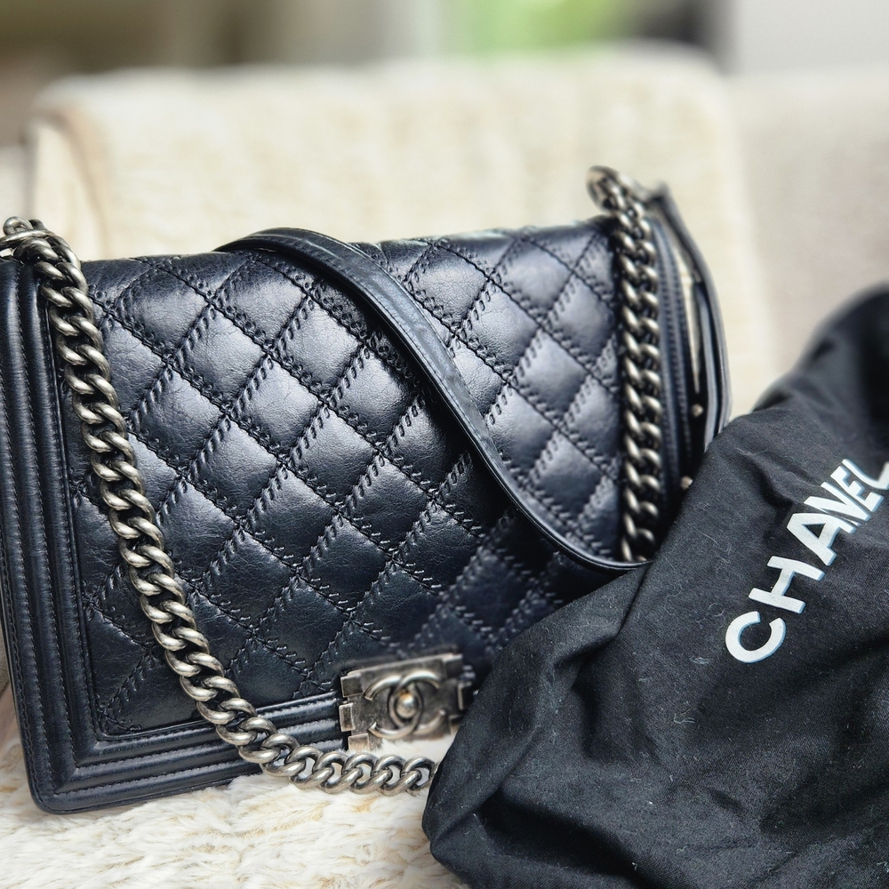 CHANEL Black Quilted Leather Lambskin Leather Boy Large